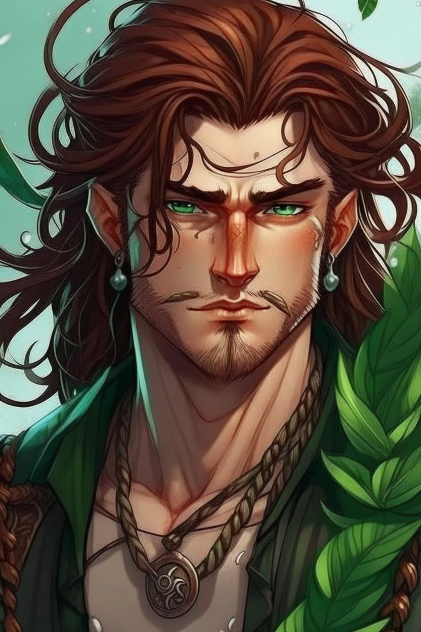 determined wet pirate nereid male with deep auburn hair and seaweed braid