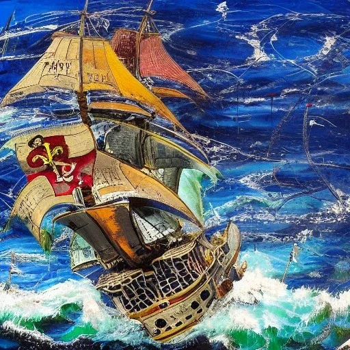 The beautiful pirate ship in the ocean, complex, incomprehensible, 3D, bulky, symmetrical, artistic, 4K, 8K, by Jackson Pollock, a living, real and natural work