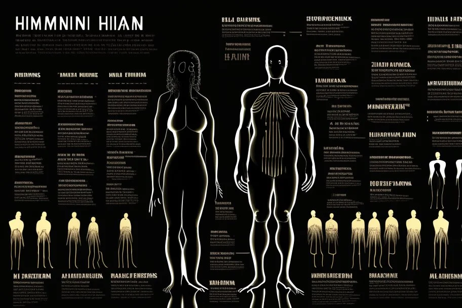 infographic about humans beings, black background, strang gliphs, few text with big characters