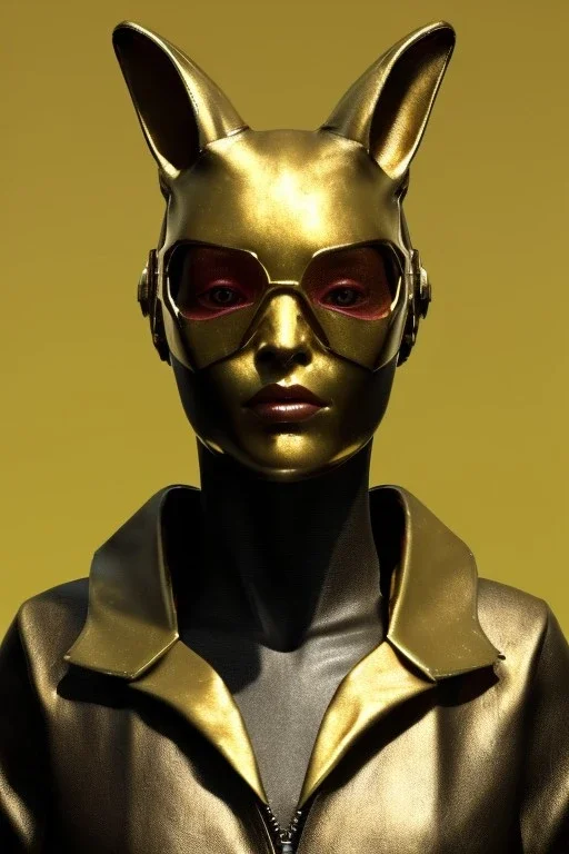 Medium Close Up Portrait, Front image. cyberpunk, rabbit mask, sweet woman, gold hair. Leather suit army. Yellow, red, color. Gucci style. Color background, photo studio. Avatar image, highly detailed, concept art, smooth, unreal engine 5, ray tracing, RTX, lumen lighting, ultra detail, volumetric lighting, 3d, finely drawn, high definition, high resolution.