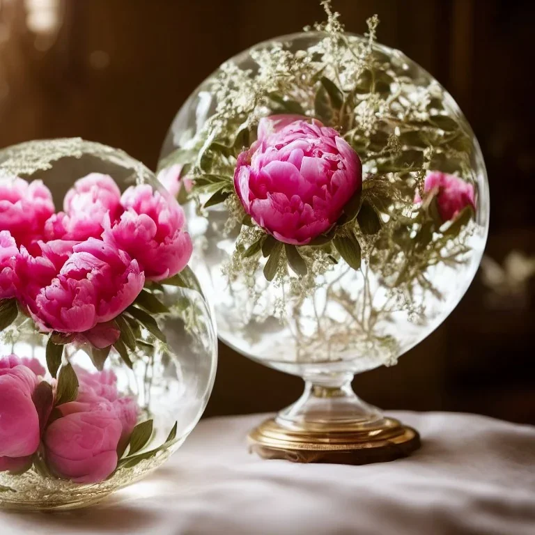 Cinematic shot of peonies inside a crystal lattice globe, glass, crystal, linen, dewdrops, warm lighting, luxurious, terrarium