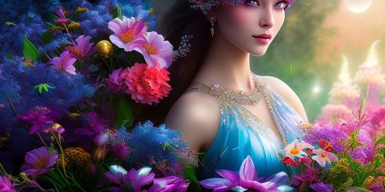 bright fairy, beautiful portrait, flowery landscape