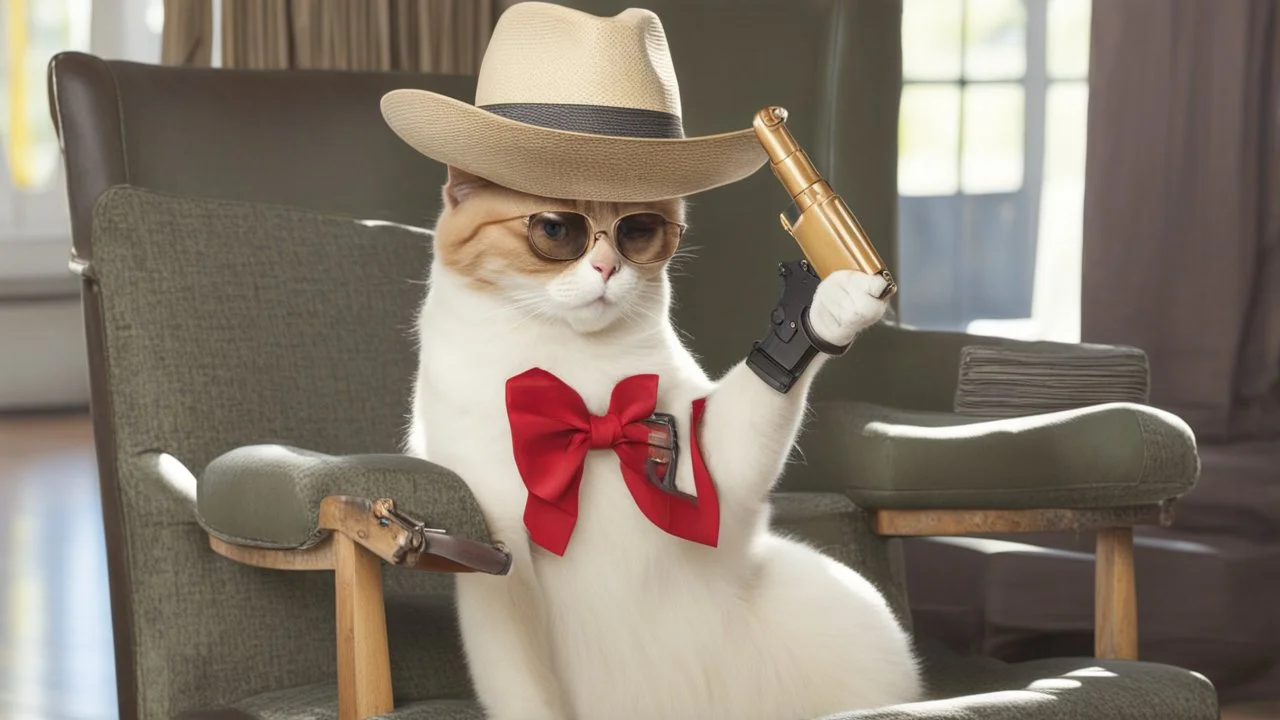 very clever cat with glasses and panama hat and gun in chair