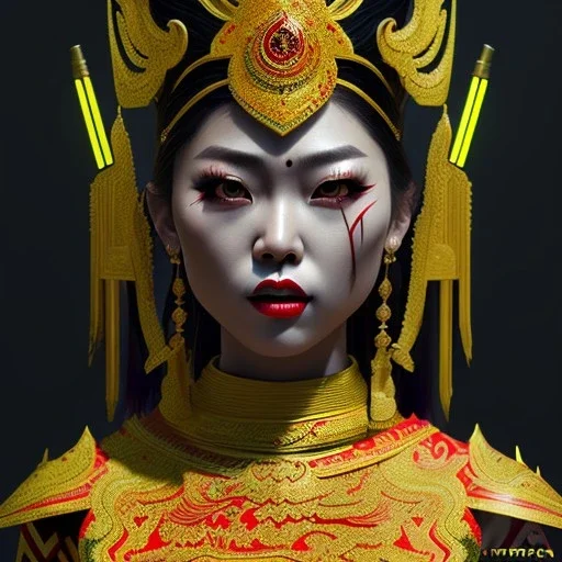 Thai woman, rounded face, blood, black, red, blue, gold, samurai helmet, decorative color feathers, retro, bamboo, leather, soft color, highly detailed, art stations, concept art, smooth, unreal engine 5, god rays, ray tracing, RTX, lumen lighting, ultra detail, volumetric lighting, 3d, finely drawn, high definition, high resolution.