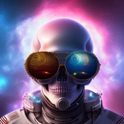 Midjourney style of detailed and intricate skull wearing red sunglasses| wearing cosmonaut suit| portrait and science fiction theme| aurora lighting| nebula and stars| stunning environment| volumetric lighting| vibrant