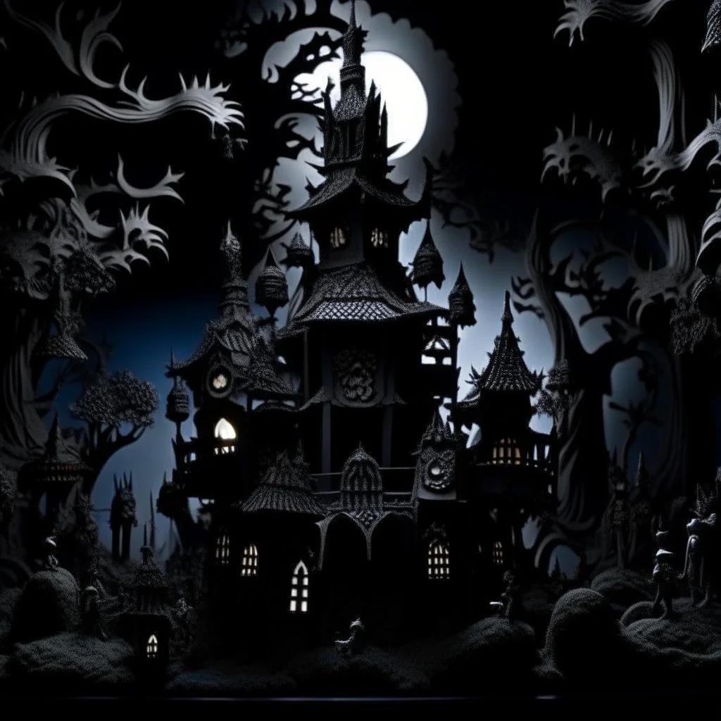 A black haunted castle filled with spirits designed in Javanese shadow puppets