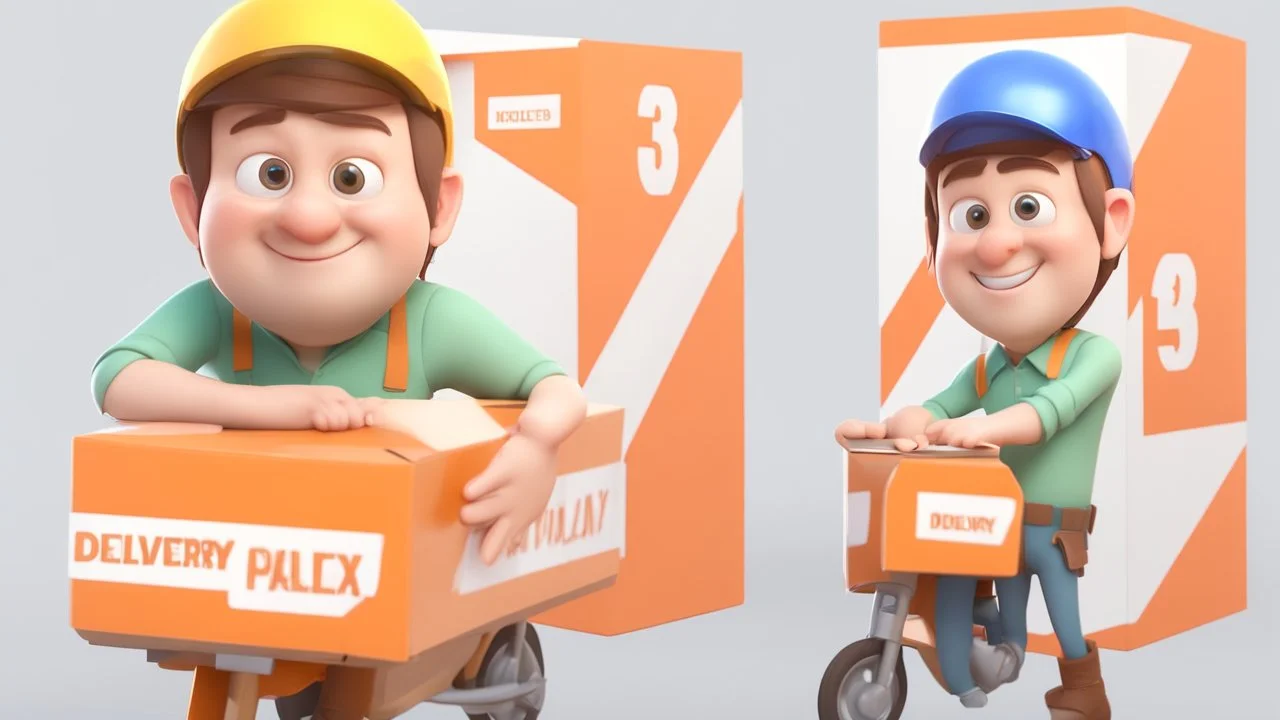 3d illustration of portrait handsome driver man wearing helmet and delivery box. half body. pixar. cute style