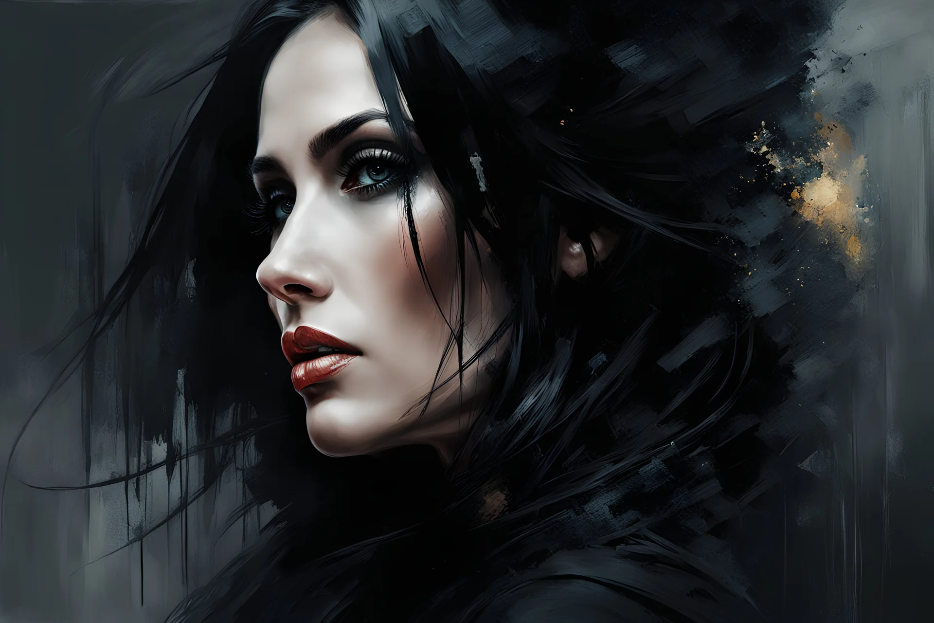 muscular stunning tall russian woman 35yo with long black hair wearing black platform shoes and all black :: dark mysterious esoteric atmosphere :: digital matt painting with rough paint strokes by Jeremy Mann + Carne Griffiths + Leonid Afremov, black canvas, dramatic shading