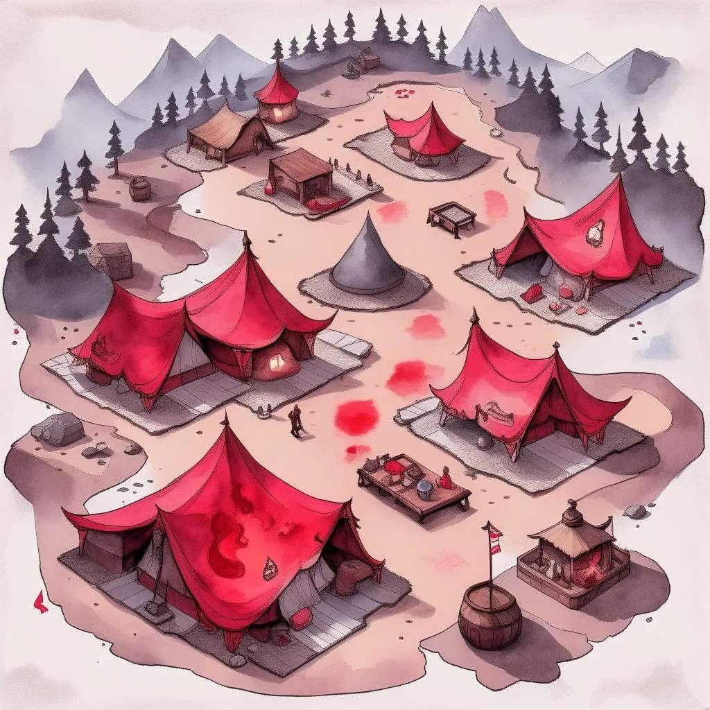 dnd, fantasy, top-down map, map of a large camp, demonic wastes, red, dark, black sand, tents, illustration, watercolour