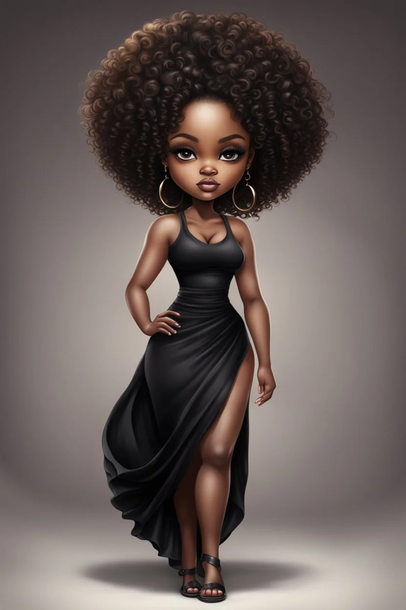 create a digital airbrush image of a chibi curvy black female wearing a black maxi dress and black sandals. Prominent make up with brown eyes. Highly detailed wild tight curly afro.