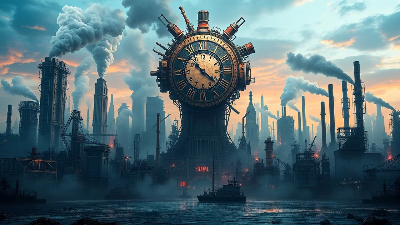 The image is a digital art piece that appears to be a futuristic cityscape with a large head in the center. The head is made up of various objects and structures, including a large clock, gears, and other mechanical components. The city is filled with tall buildings, factories, and factories, all of which are covered in smoke and steam. The sky is a mix of blue and orange hues, and the overall mood of the image is one of chaos and destruction. In the foreground, there is a body of water with a