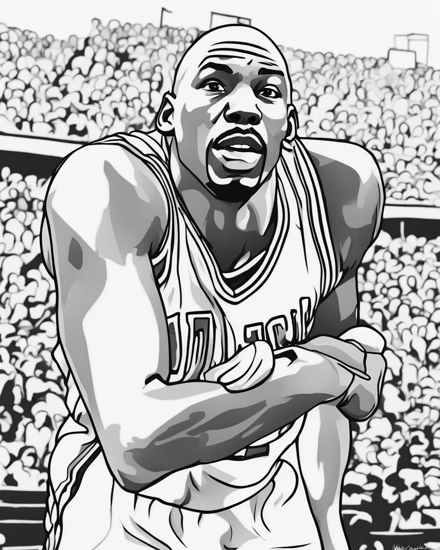 coloring page for teens, simple outlines art, outline drawing, bold outlines, clean and clear outlines, no tones color, no color, no detailed art, art full view, wide angle, white background, Michael Jordan