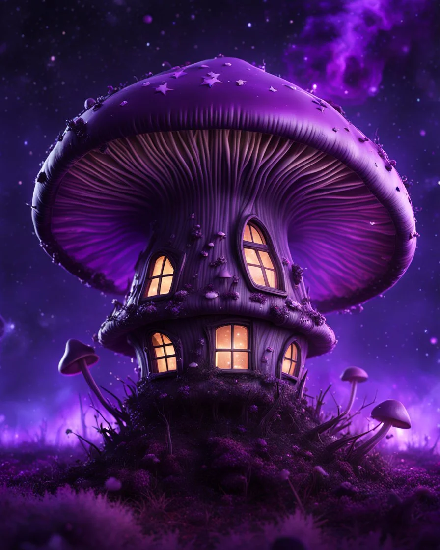 An illogically floating mushroom house on a clear night. white purple black, Stars Dark cosmic interstellar. Detailed Matte Painting, deep color, fantastical, intricate detail, splash screen, hyperdetailed, insane depth, concept art, 8k resolution, trending on Artstation, Unreal Engine 5, color depth, backlit, splash art, dramatic, High Quality Whimsical Fun Imaginative Bubbly, perfect composition