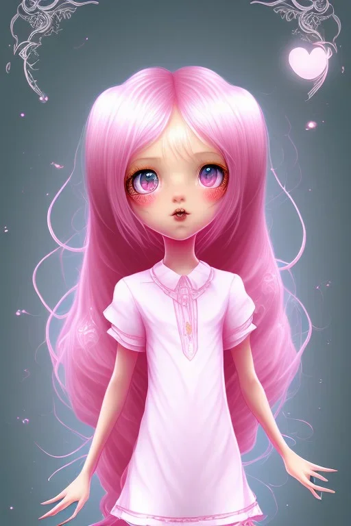 Loli wearing long nightgown, hands behind back, wholesome, innocent, long pink hair, tilted head