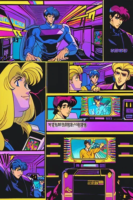 a millineal teenage boy is playing video arcade games, bright colored clothes from the 90s, hairstyles of that time, comic style