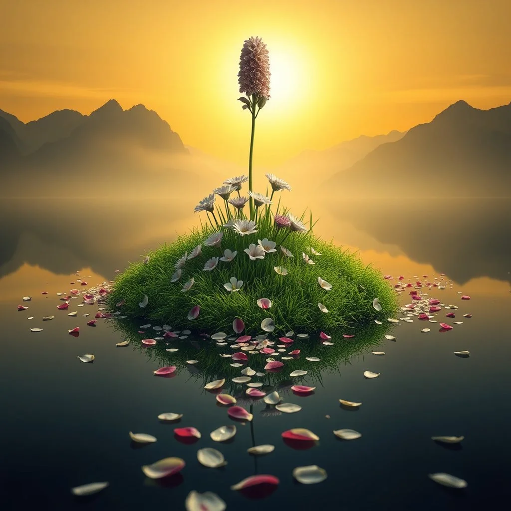 A surreal and dreamlike landscape featuring a single majestic [flower type] rising above a cluster of similar blooms. The flowers grow from a patch of vibrant green grass that floats atop a reflective water surface. Scattered petals extend across the water like a path, leading the viewer’s eye into the distance. In the background, shadowy mountains loom under a golden-yellow sky, casting a warm, ethereal glow. The water reflects the flowers, petals, and mountains, enhancing the mystical atmosphe