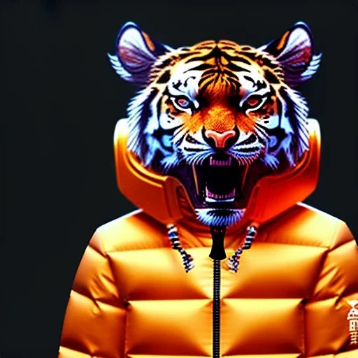 Tiger toddler, smile, cyberpunk headphone, sunglass, gangsta neckless, full body, orange puffer jacket, tokio background, dramatic lighting, hyper realistic, unreal engine 5, 16k