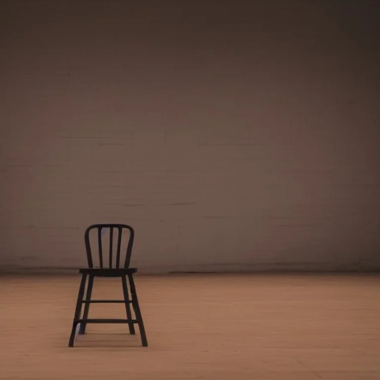 on a vast stage, under the spotilght, a small empty wooden chair