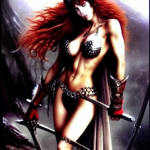 Epic full body portrait of busty atletic young beautiful Red Sonja Luis Royo styles