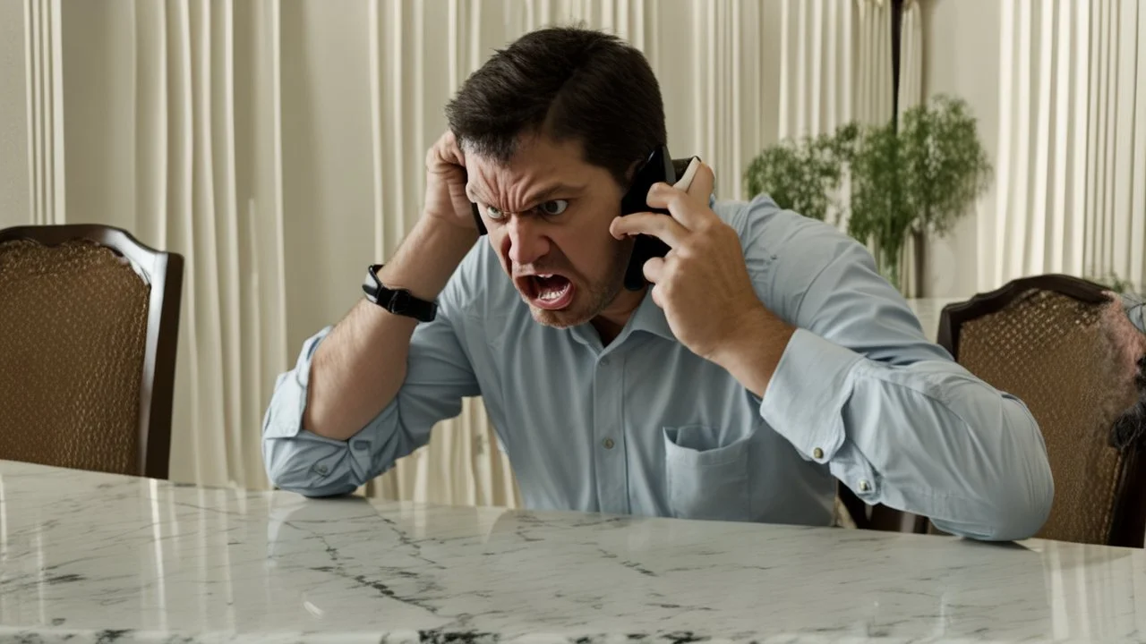 angry guy on phone at incomplete table next to marble tabletop