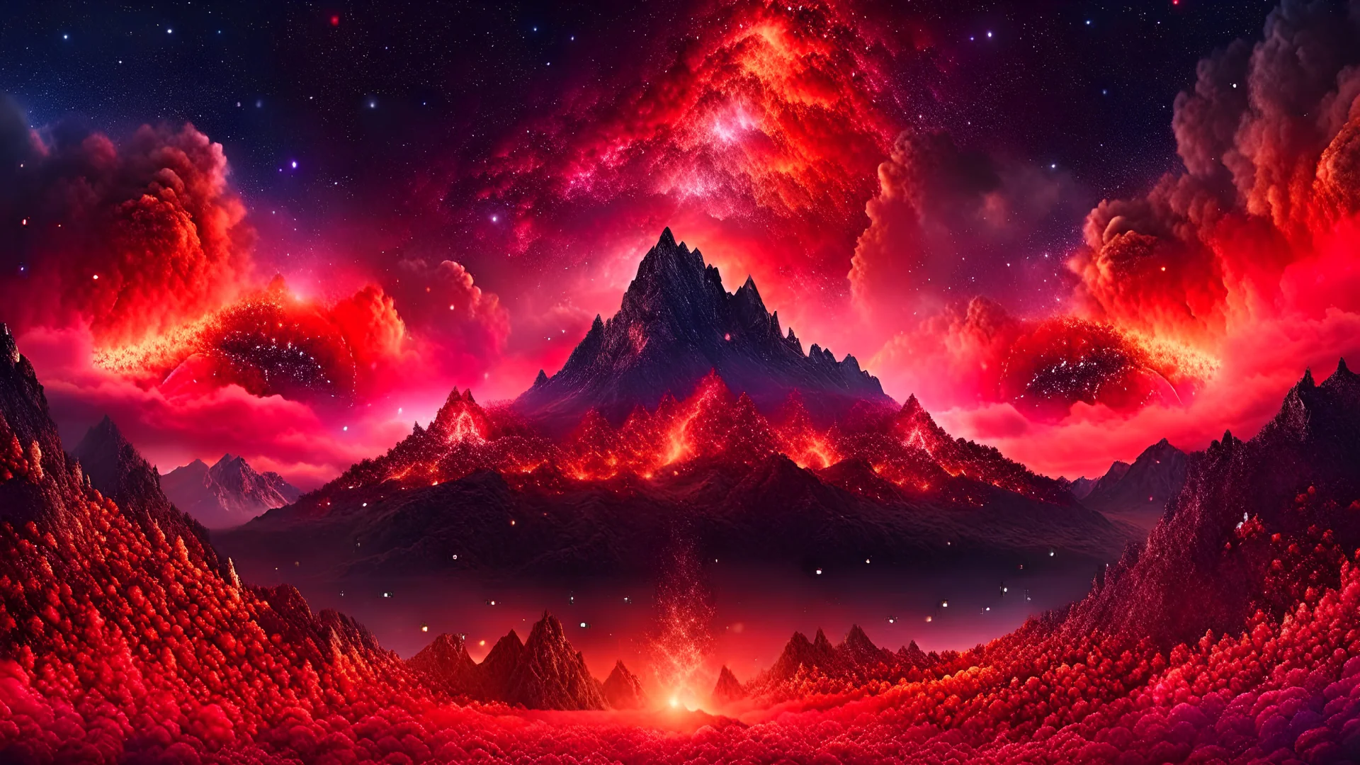 volcanic mountains, where you can see the fire and smell the smoke, galaxy, space, ethereal space, cosmos, water, panorama. Palace , Background: An otherworldly planet, bathed in the cold glow of distant stars. The landscape is desolate and dark, with jagged mountain peaks rising from the frozen ground. The sky is filled with swirling alien constellations, adding an air of mystery and intrigue. Old castle of london, detailed , enhanced, cinematic, 4k,by van gogh