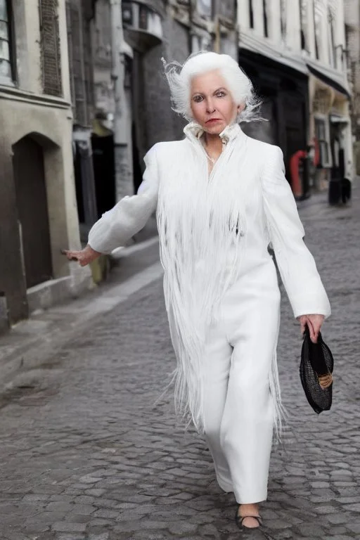 a woman white hair luxury stlye in a street