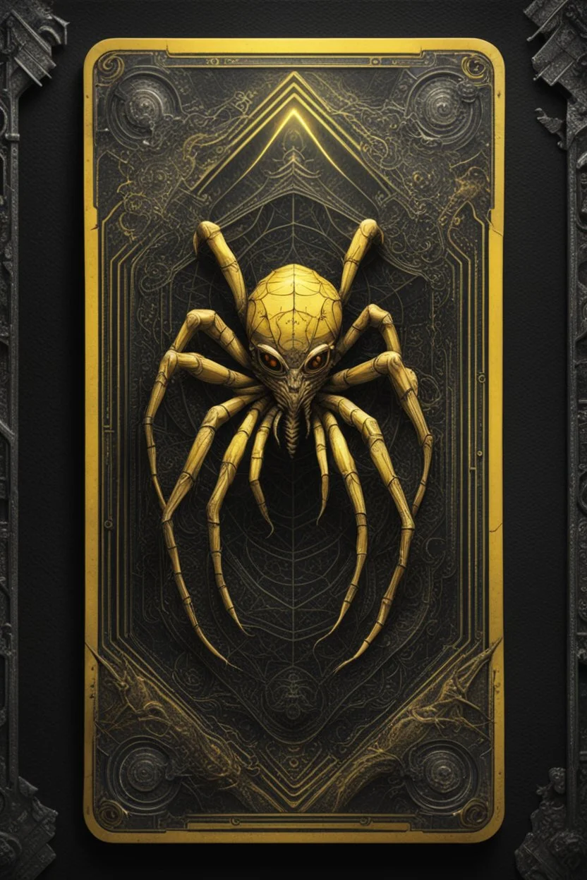 sacred geometry framed playing card, black and yellow death spider dragon dark elf Mind flayer boss card in the style of Giger and fallout 4 ,,bokeh like f/0.8, tilt-shift lens 8k, high detail, smooth render, down-light, unreal engine