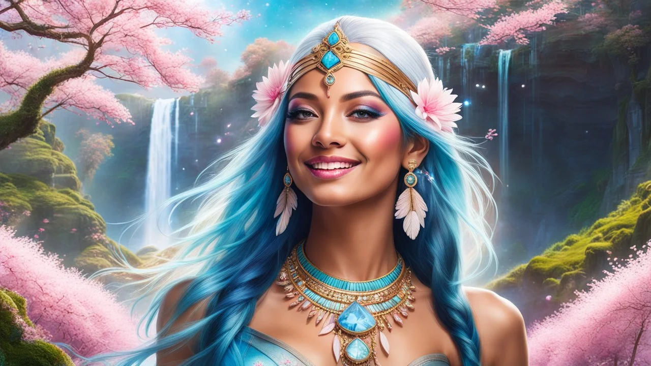 Photo realistic portrait of a gorgeous smiling skinny native indian goddess with a golden dark shining skin, long smooth clear turquoise blue and pink white hair, blue eyes, in a sci-fi outfit with luminous strikes blowing a kiss in a hill of flowers with sakura trees, a waterfall, a crystal palace, loads of mini flowers, moss, sun rays through the branches, particles in the air at spring. Intricated details,