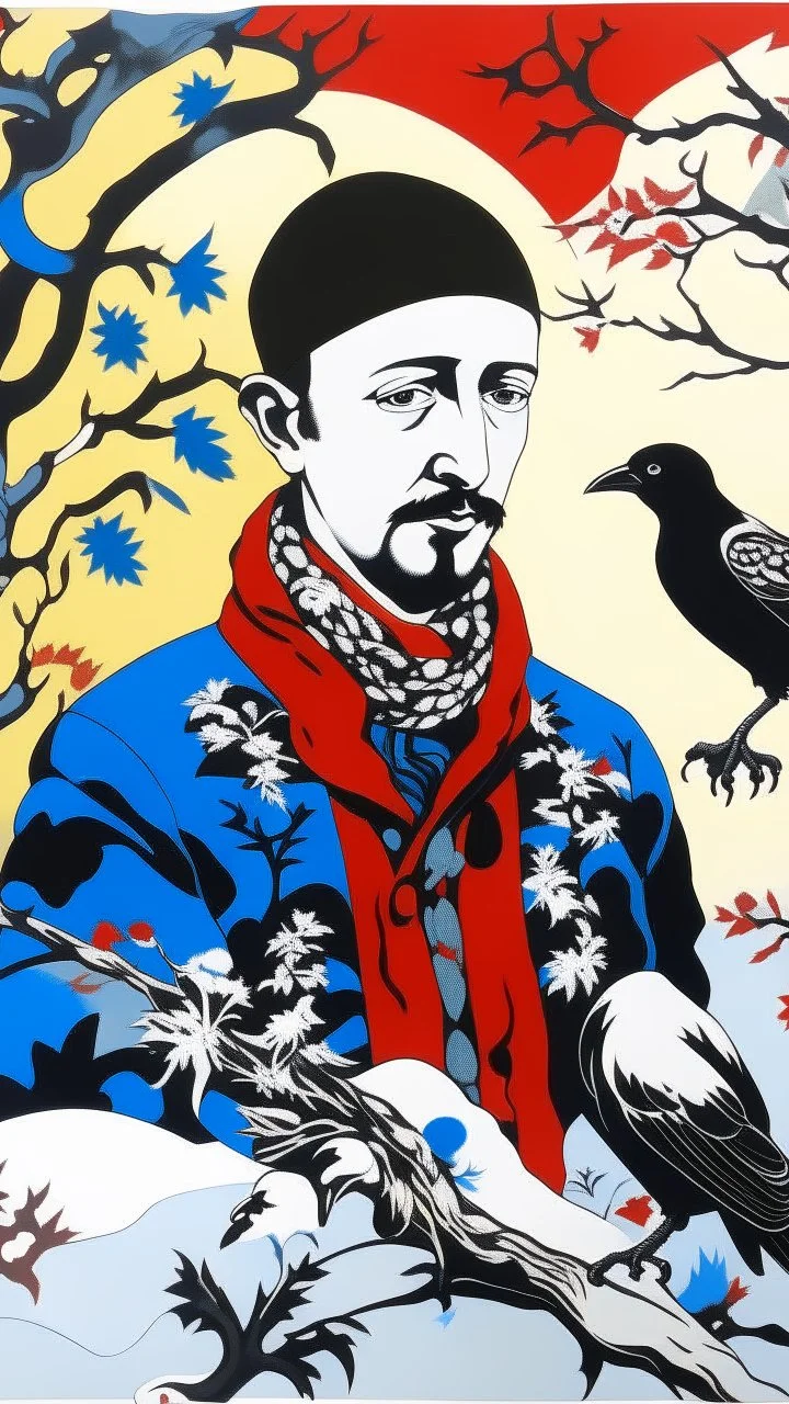 A contemporary serigraphy portrait by Matisse and Kunisada of a person with the head of a crow, dressed with a punk leather jacket within a snowy Christmas atmosphere.