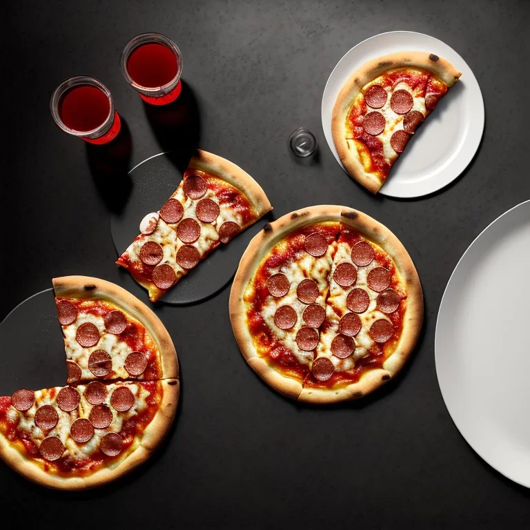 pizza on plate, donut on napkin, coca cola glass, black background