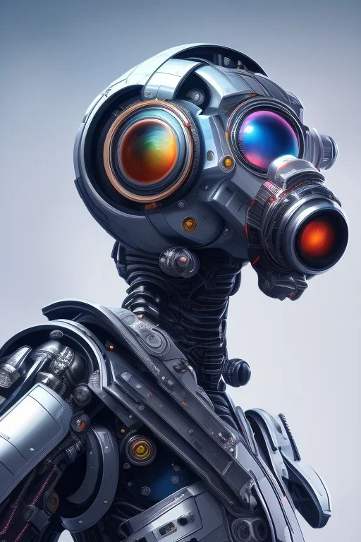 a beautiful full frame portrait digital painting of futuristic bananapunk robot, wide angle view, close-up, macro lens, centered camera, titanium accents, intricate details, small minutiae, tiny features, particulars, colorful, 8k, least ambient occlusion, volumetric lighting, volumetric clouds