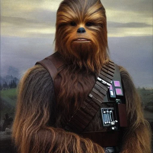 photorealistic and intricate portrait of chewbacca in star wars by Jules Bastien-Lepage, in beskar armor, deep dark colors, hyperdetailed, 32K, oil on canvas,