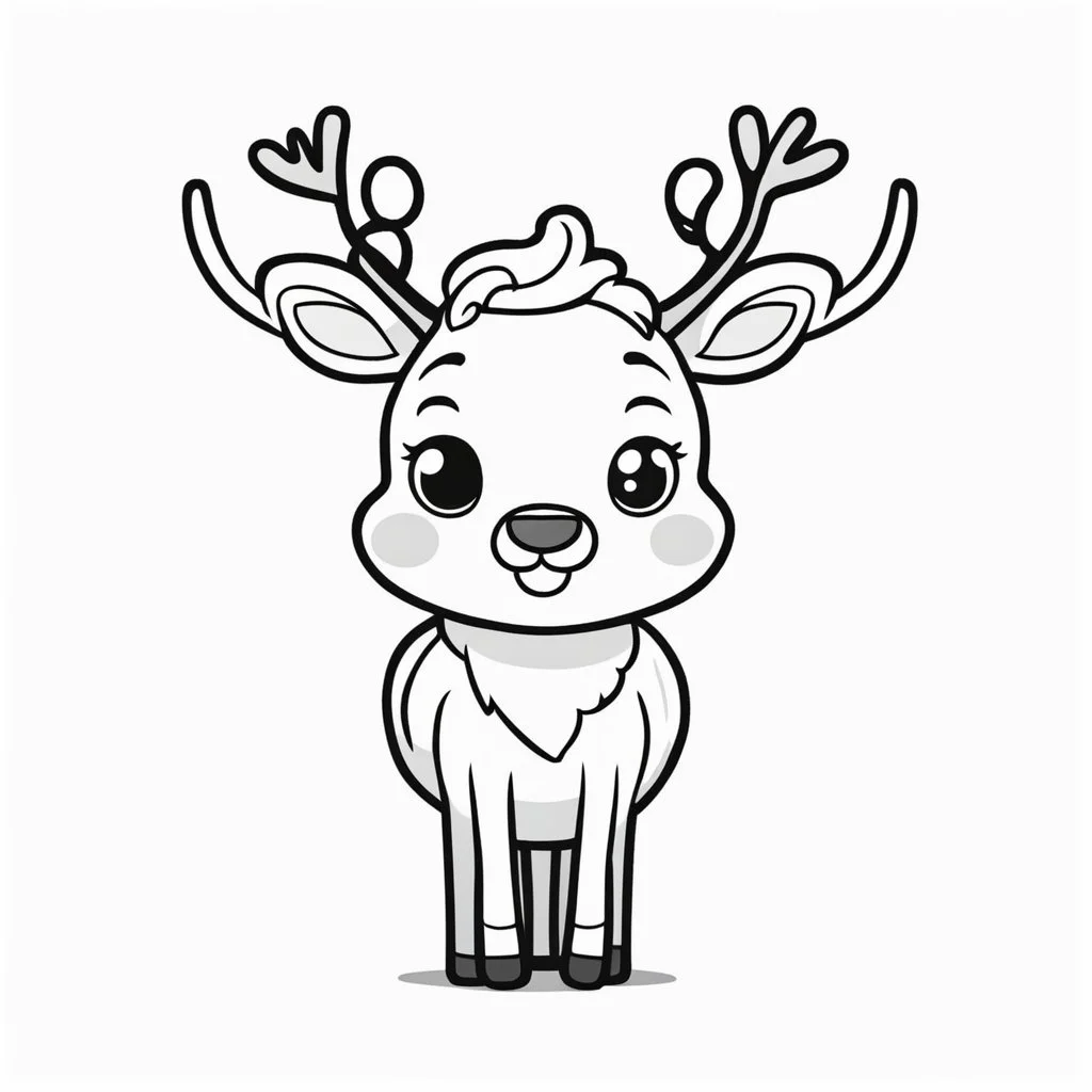 A black and white cute drawing of a Reindeer. Only outline, white background,for kids. The illustration should be in [SUPER SIMPLE], black and white, bold line art with a clear, mostly empty background. [INCLUDES ONLY OUTLINES WITH NO FILLED IN BLACK AREAS], ensuring no shading, no complex images, and making it very easy to color in between the lines.