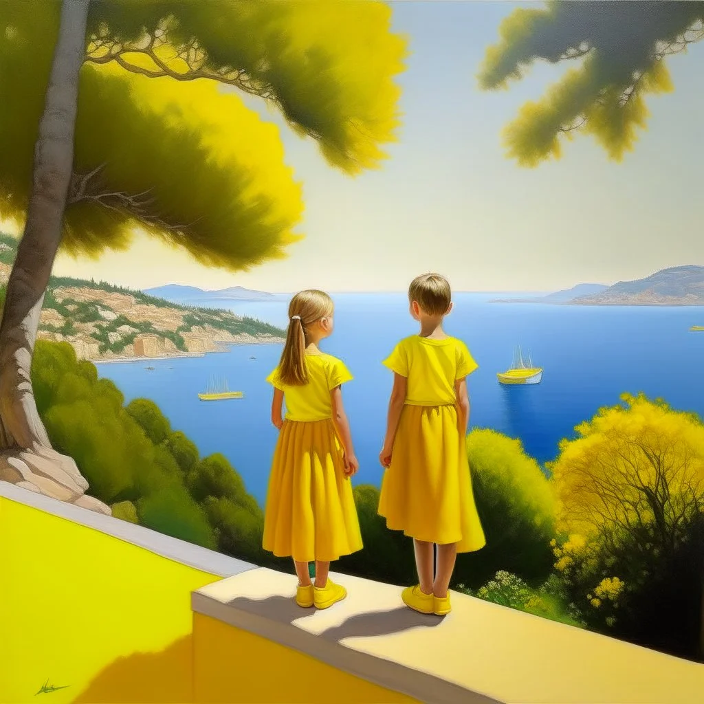 Neoclassicism realistic yellow cote d'azur landscape sea 2 childeren standing