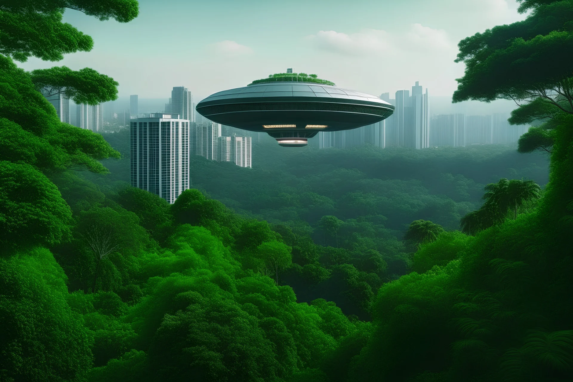 spaceship flying low over a jungle city