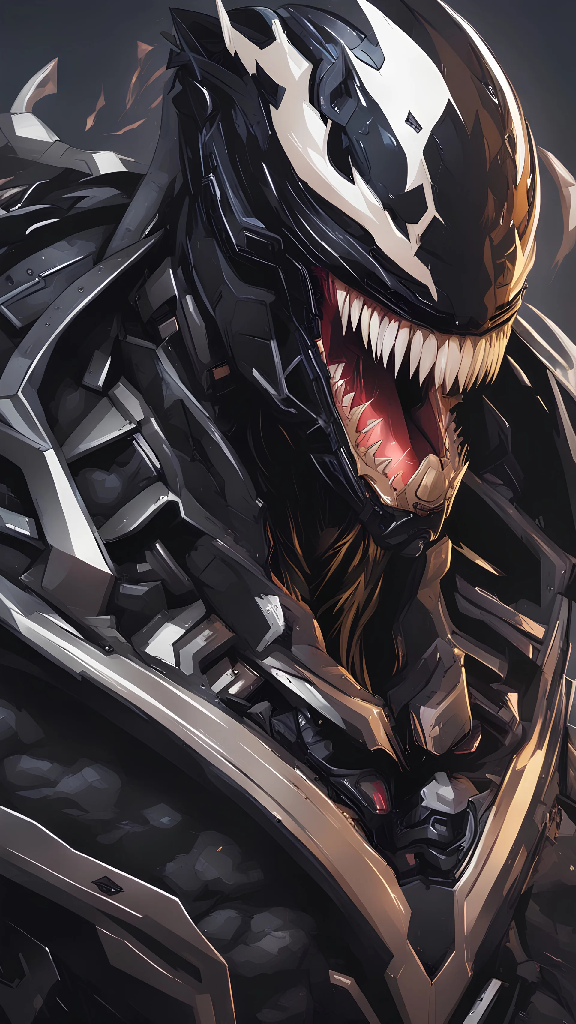 Venom mix with machine in solo leveling shadow artstyle, cyberpunk them, intricate details, highly detailed, high details, detailed portrait, masterpiece,ultra detailed,best quality
