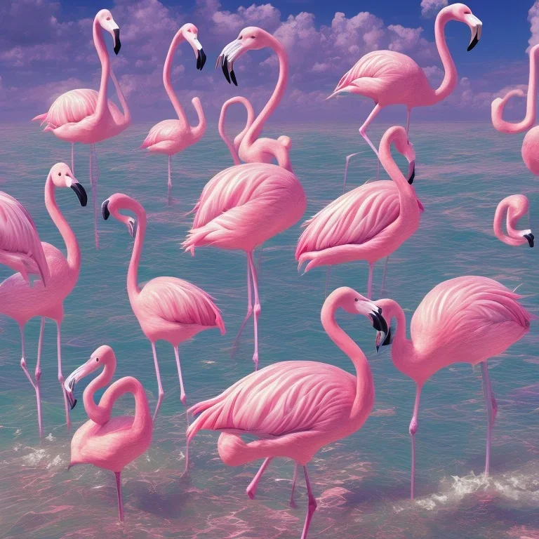 flamingos on floral beach