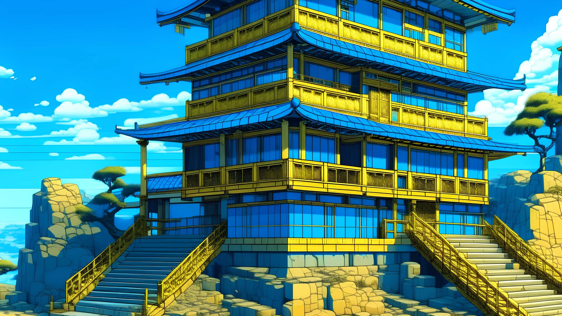 digital painting, A modern blue building with a large window and a raised platform in the foreground made of yellow rocks or sand, Ukiyo-e art, intricate japanese patterns and setting