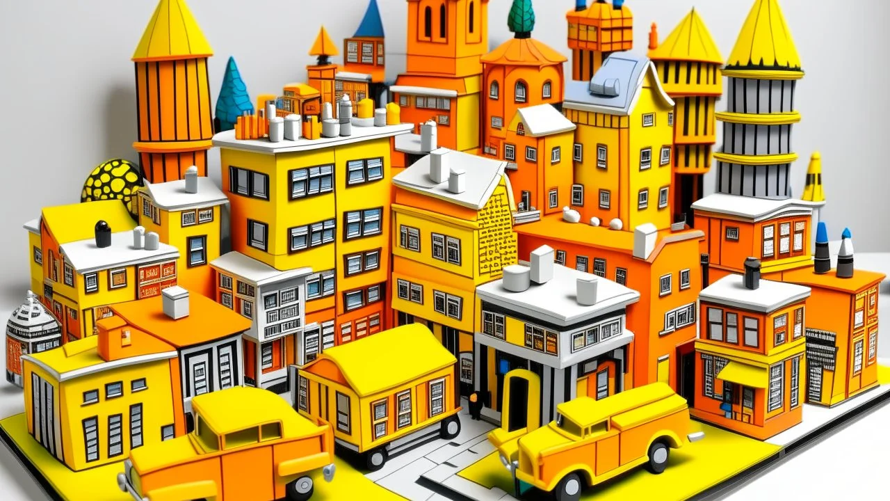 An orange colored town made out of toys painted by Roy Lichtenstein