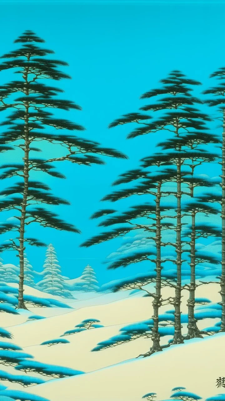 A cyan snowfield with evergreen trees painted by Utagawa Hiroshige