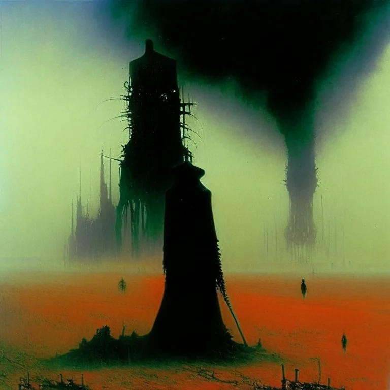 Reaper on the oilfields, mirage in black smoke tarnished with blood, Idols of steam and gods of steel. by Zdzislaw beksinski, western American horror,