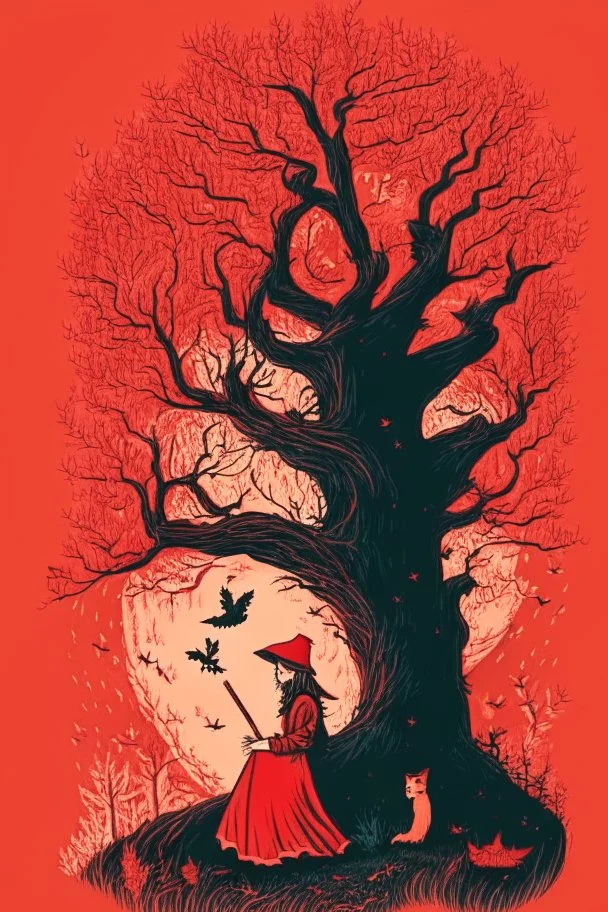 in a cosy vintage style, a witch marvels at a red tree