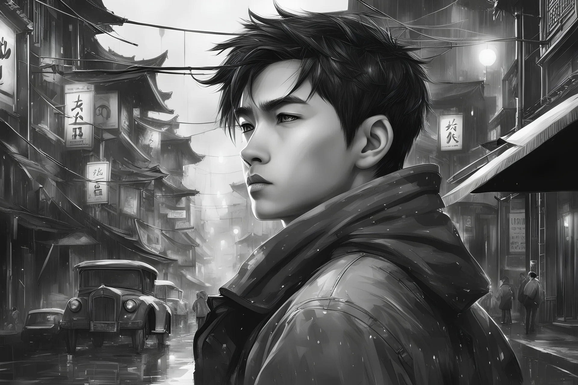 cute Asian guy, Wednesday Adam in 8k anime cgi drawing style, Adam family them, neon effect, close picture, rain, highly detailed, high details, detailed portrait, masterpiece,ultra detailed, ultra quality, Chinese city, 1 black and white husky dog, monochrome, side view