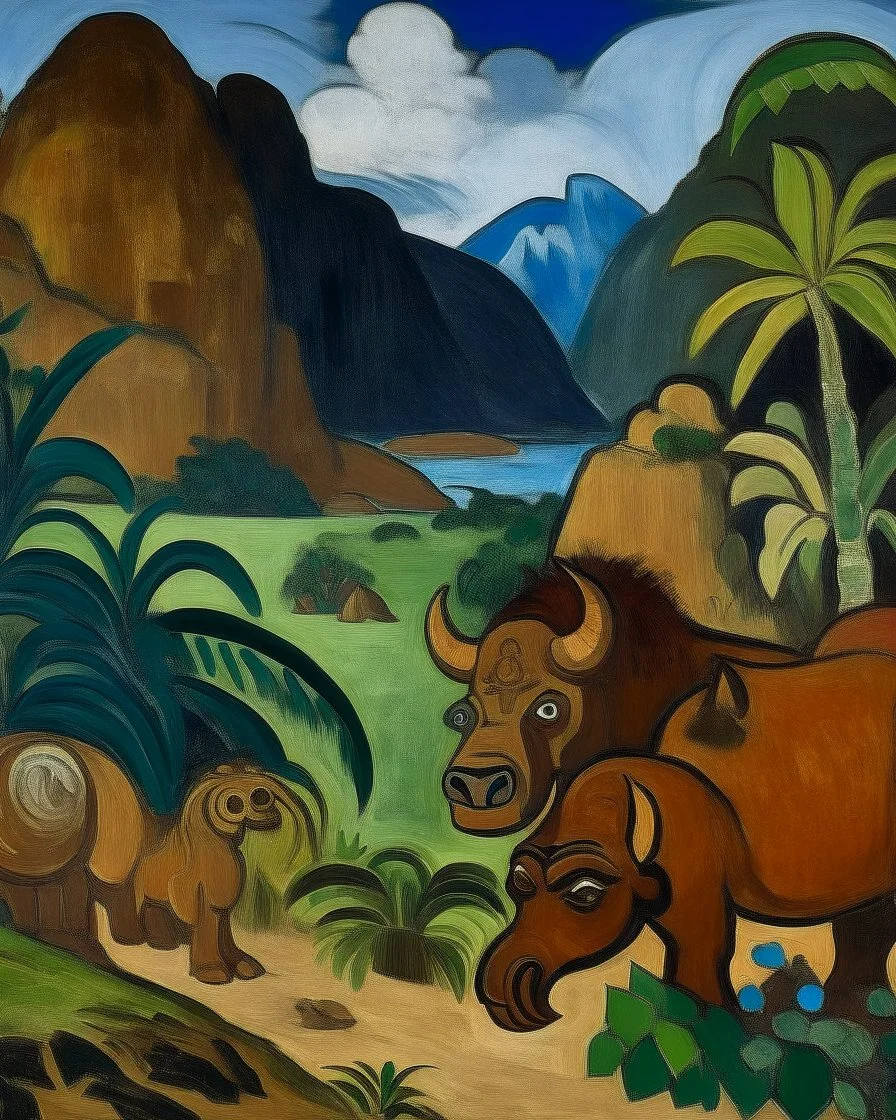 Brown mountains with rock monsters painted by Paul Gauguin