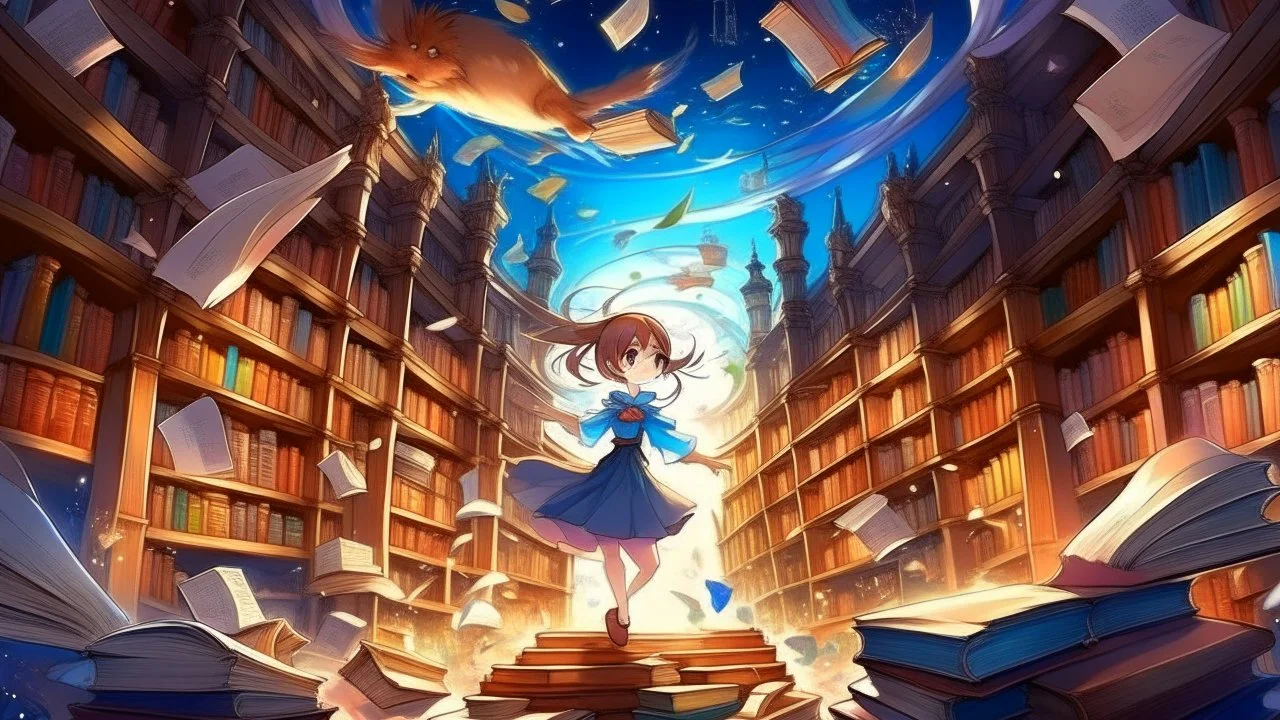 Enchanted library, books flying and tales coming alive, in a magical realism anime style