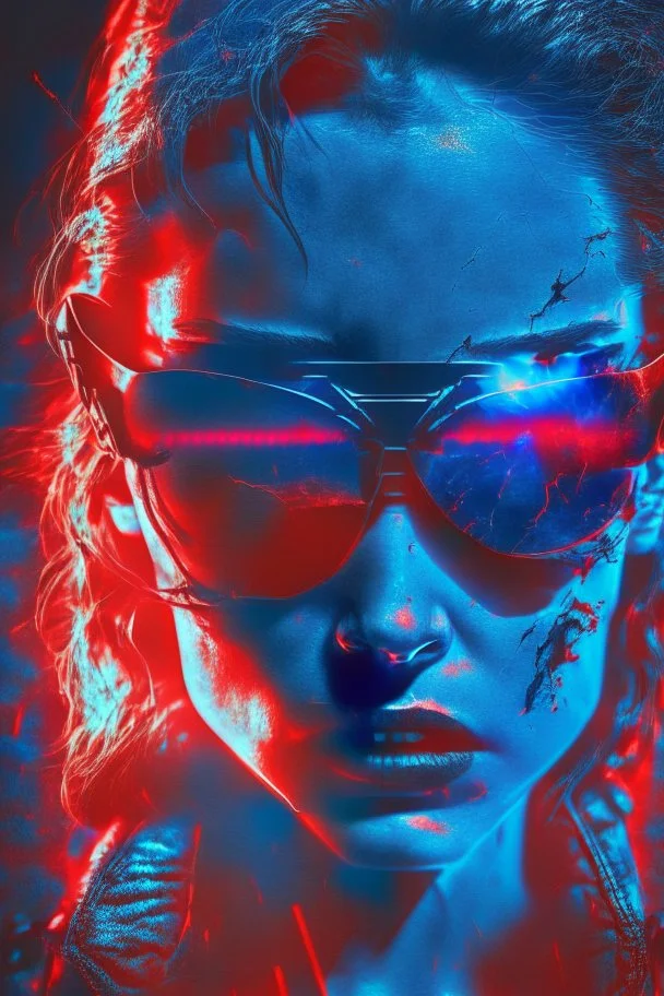 Photo of a half broken female Terminator, with dark sun glasses, bright red eye, Hollywood movie poster style, atmospheric blue light night time, high contrast dark moody lighting.