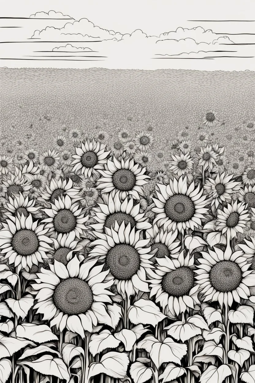 outline aSunflower field: A large field of sunflowers that radiate the warmth of summer.no people, White background. sketch style, clean line art, white background, no shadow and clear no people