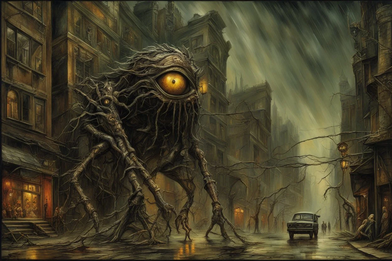 massive surreal biomechanical golem eyes sewn shut with extended limbs crashing through a city's streets damaging buildings and road, heavy chains crisscoss its body dragging barred windows, nighttime in a windy rainstorm, by Brian Froud, by H.R. Giger, by Frank Frazetta, fantastic art, dramatic, kinetic, eerie dark primary colors, matte oil painting, intricate complex detail, twisted surreal mindbending art.