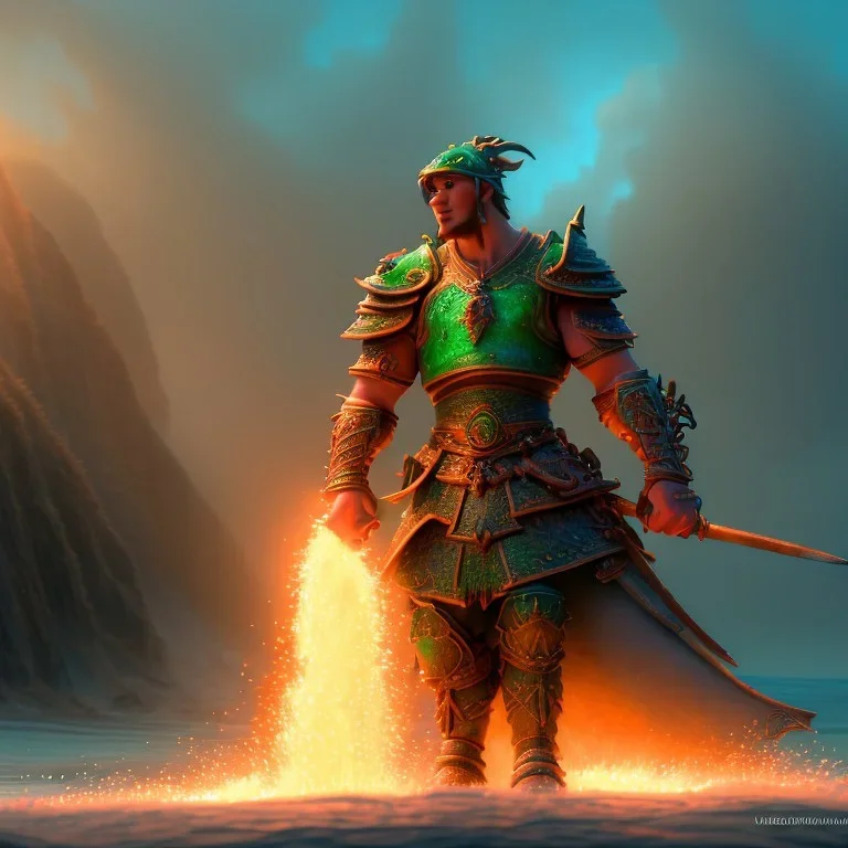 an ibis warrior in orange and green full battle armor, a highly detailed illustration, background of giant crashing ocean waves, realistic render, 8 k, micro detail, intricate, elegant, centered, digital painting, Artstation, smooth, sharp focus, illustration, artgerm, tomasz alen kopera, peter mohrbacher, donato giancola, joseph christian leyendecker, wlop, boris vallejo