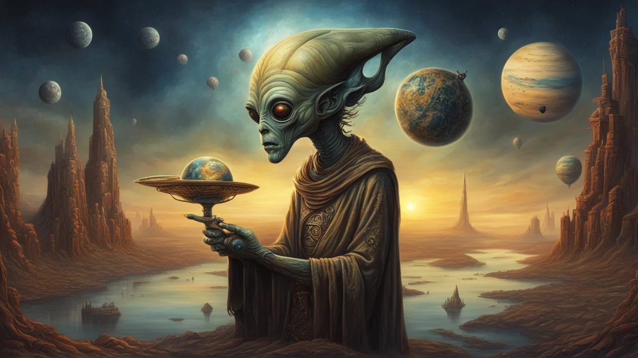 ancient mystic alien telling earth prophecy to mixed alien population realistic, photorealistic technological, art by , Esao Andrews Stefan Kostic, in the style of , Deviant art Star wars, natural lighting dusk, wise old , intricate details fine details trending on artstation reflections post-processing HDR